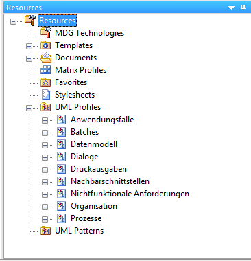 resource browser hinzugefuegten uml profiles